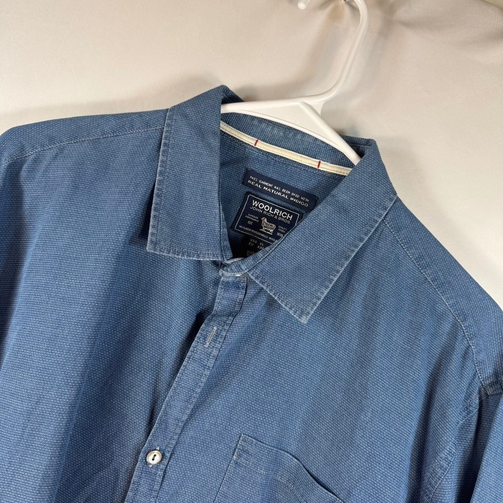 Woolrich John Rich & Bros Mens XL Indigo Dyed Cotton Button Down Shirt Blue Dot